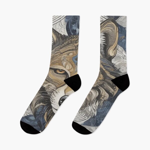 Item preview, stylized wolf's head is depicted with intricate patterns and a blend of earth tones designed and sold by InezPhotography.
