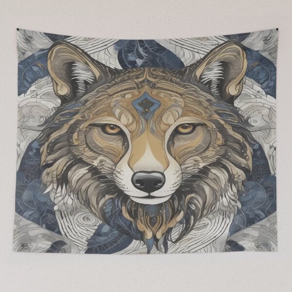 Item preview, stylized wolf's head is depicted with intricate patterns and a blend of earth tones designed and sold by InezPhotography.