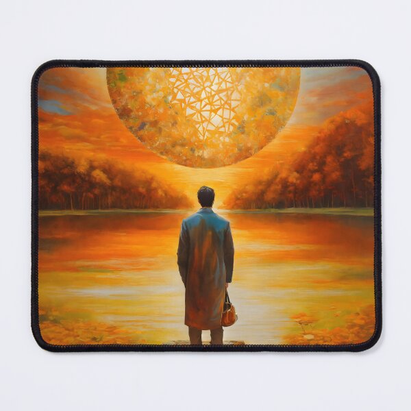 Item preview, Back view of a man standing alone at the edge of a bridge looking up ahead at what looks like the moon hanging like a chandelier in the sky. designed and sold by Mchimeziri.