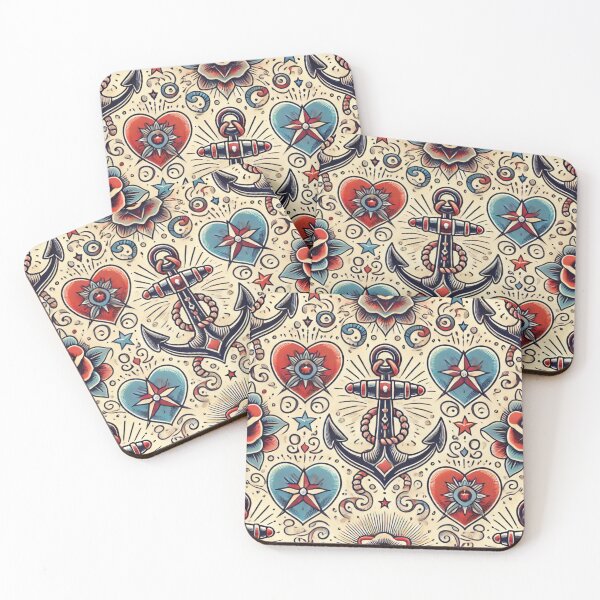 Item preview, Vintage Nautical Tattoo Pattern with Anchors, Roses, and Hearts in Retro Colors designed and sold by Negative Vibes Only.