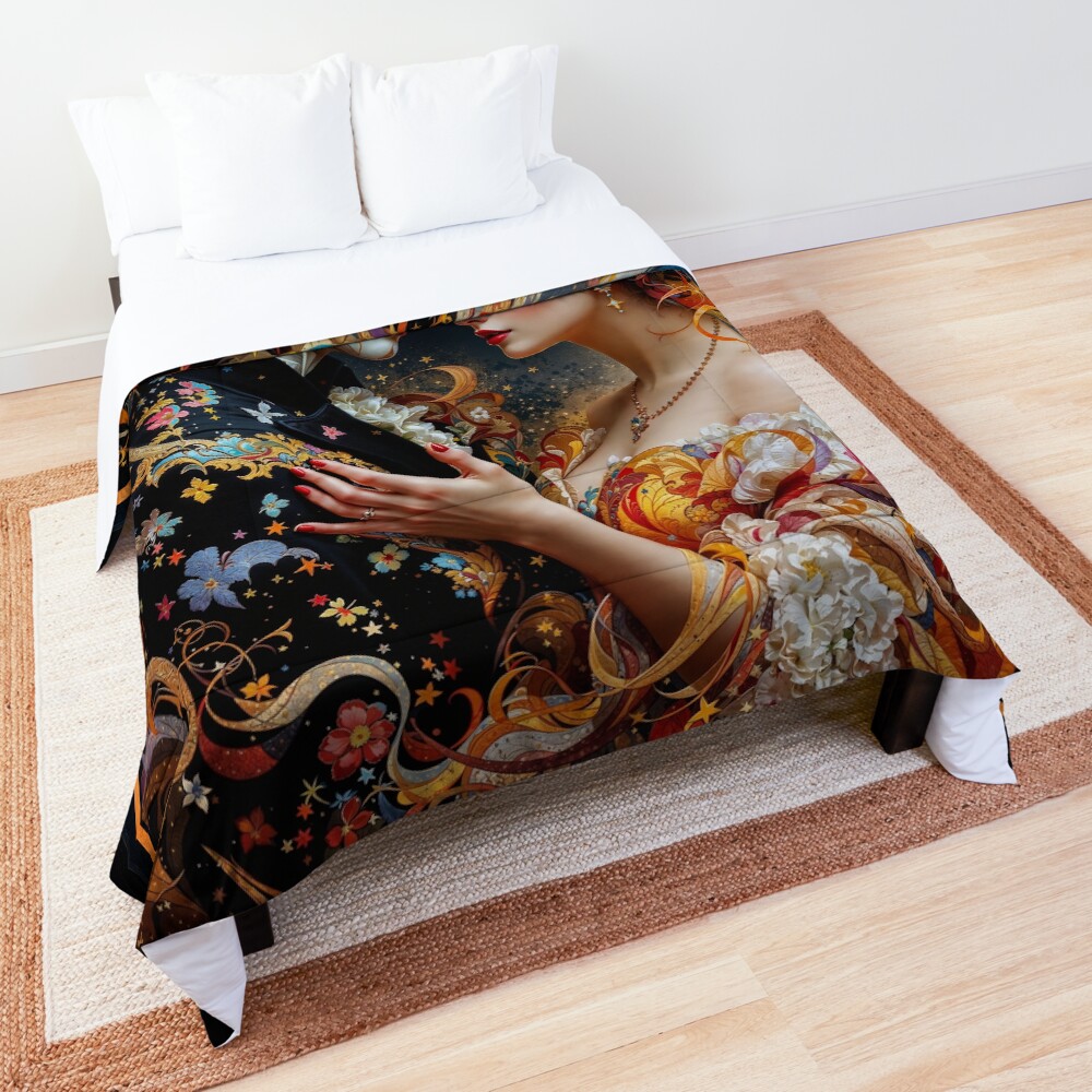 The Enchanting Dance A Romantic Passionate Fantasy In Masquerade Attire Captivating AI Concept Art by Xzendor7 Decorative Art Print Comforter
