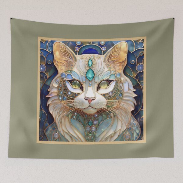 Aperçu de l'œuvre NOUVEAU Art - Portrait de chat décoré de bijoux impériaux cloisonnés - Galerie d'art et de cadeaux créée et vendue par MiHijoDesign.