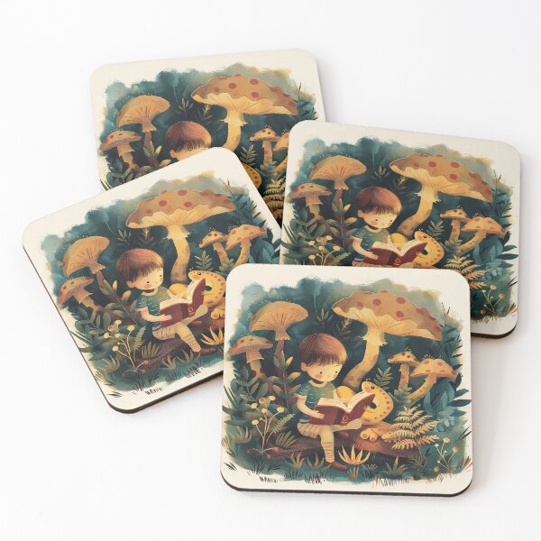 Item preview, Child sitting on a log reading a book in a magical forest surrounded by oversized mushrooms, ferns, and plants, creating a whimsical and imaginative storytelling scene. designed and sold by MystiS.