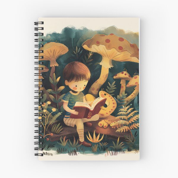 Item preview, Child sitting on a log reading a book in a magical forest surrounded by oversized mushrooms, ferns, and plants, creating a whimsical and imaginative storytelling scene. designed and sold by MystiS.