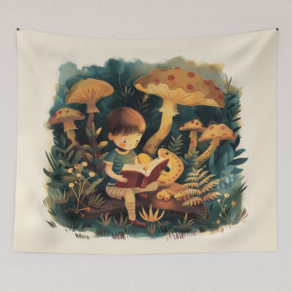 Item preview, Child sitting on a log reading a book in a magical forest surrounded by oversized mushrooms, ferns, and plants, creating a whimsical and imaginative storytelling scene. designed and sold by MystiS.
