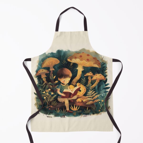 Item preview, Child sitting on a log reading a book in a magical forest surrounded by oversized mushrooms, ferns, and plants, creating a whimsical and imaginative storytelling scene. designed and sold by MystiS.