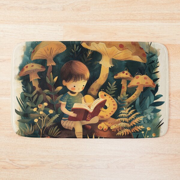 Item preview, Child sitting on a log reading a book in a magical forest surrounded by oversized mushrooms, ferns, and plants, creating a whimsical and imaginative storytelling scene. designed and sold by MystiS.