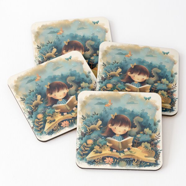 Item preview, Child sitting on a log reading a book in a magical forest surrounded by oversized mushrooms, ferns, and plants, creating a whimsical and imaginative storytelling scene. designed and sold by MystiS.