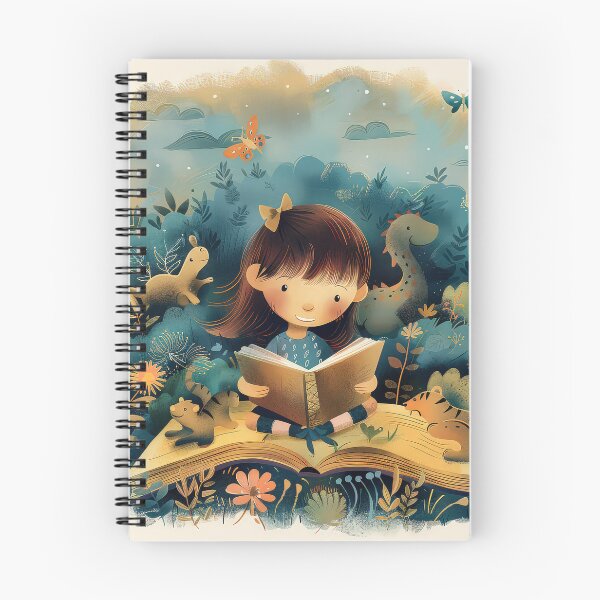 Item preview, Child sitting on a log reading a book in a magical forest surrounded by oversized mushrooms, ferns, and plants, creating a whimsical and imaginative storytelling scene. designed and sold by MystiS.