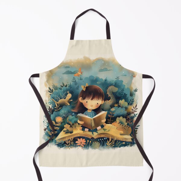 Item preview, Child sitting on a log reading a book in a magical forest surrounded by oversized mushrooms, ferns, and plants, creating a whimsical and imaginative storytelling scene. designed and sold by MystiS.