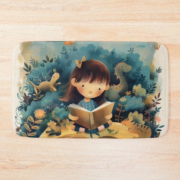 Item preview, Child sitting on a log reading a book in a magical forest surrounded by oversized mushrooms, ferns, and plants, creating a whimsical and imaginative storytelling scene. designed and sold by MystiS.