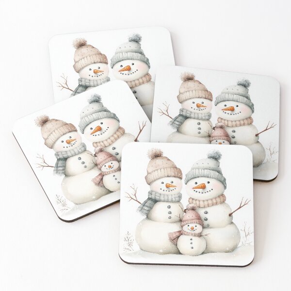 Item preview, Adorable snowman family with cozy hats and scarves, featuring two large snowmen and a small one. Smiling faces, carrot noses, twig arms, and a snowy winter backdrop evoke holiday joy. designed and sold by MystiS.