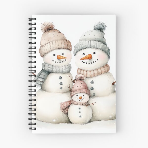 Item preview, Adorable snowman family with cozy hats and scarves, featuring two large snowmen and a small one. Smiling faces, carrot noses, twig arms, and a snowy winter backdrop evoke holiday joy. designed and sold by MystiS.