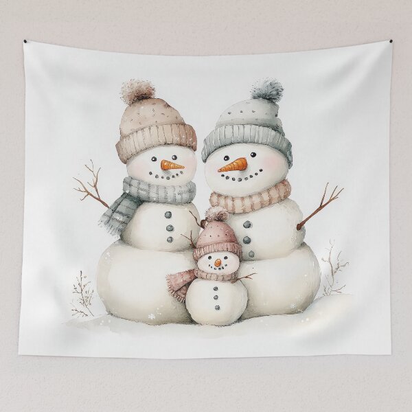 Item preview, Adorable snowman family with cozy hats and scarves, featuring two large snowmen and a small one. Smiling faces, carrot noses, twig arms, and a snowy winter backdrop evoke holiday joy. designed and sold by MystiS.