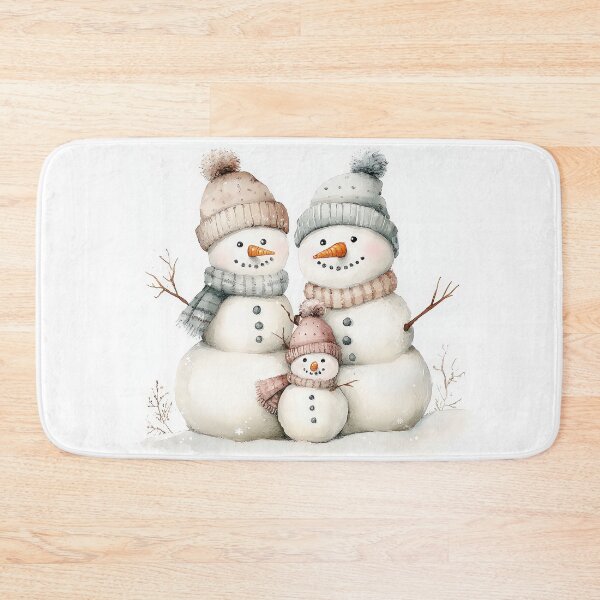 Item preview, Adorable snowman family with cozy hats and scarves, featuring two large snowmen and a small one. Smiling faces, carrot noses, twig arms, and a snowy winter backdrop evoke holiday joy. designed and sold by MystiS.