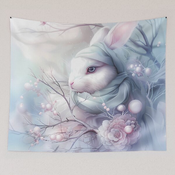 Item preview, White bunny in the snow in winter clothes. Winter landscape. Pastel colors. designed and sold by MagelliShop.