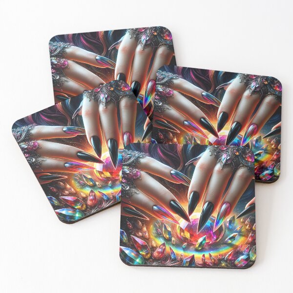 Item preview, Black and iridescent extra long sharpy witchy nails over colorful crystals designed and sold by EmeraldeaArt.