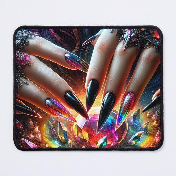 Item preview, Black and iridescent extra long sharpy witchy nails over colorful crystals designed and sold by EmeraldeaArt.