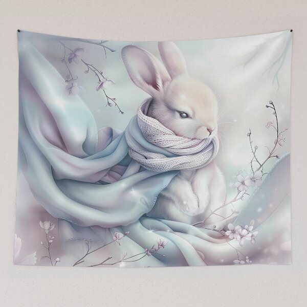 Item preview, White bunny in the snow in winter clothes. Winter landscape. Pastel colors. designed and sold by MagelliShop.