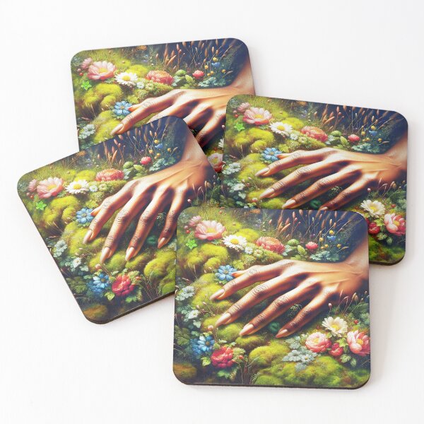 Item preview, beautiful natural manicured nails female hand placed on mossy wildflowers designed and sold by EmeraldeaArt.