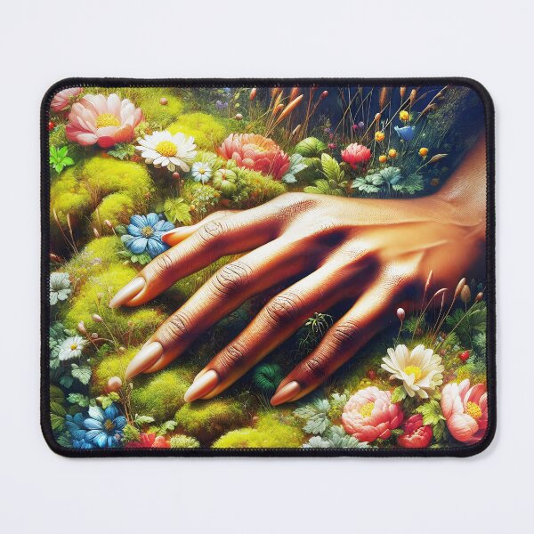 Item preview, beautiful natural manicured nails female hand placed on mossy wildflowers designed and sold by EmeraldeaArt.