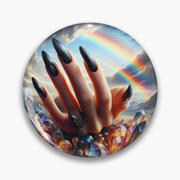 Item preview, Long Black Nails and a she hand placed on onyx and obsidian crystals under a cloudy sky with a rainbow designed and sold by EmeraldeaArt.