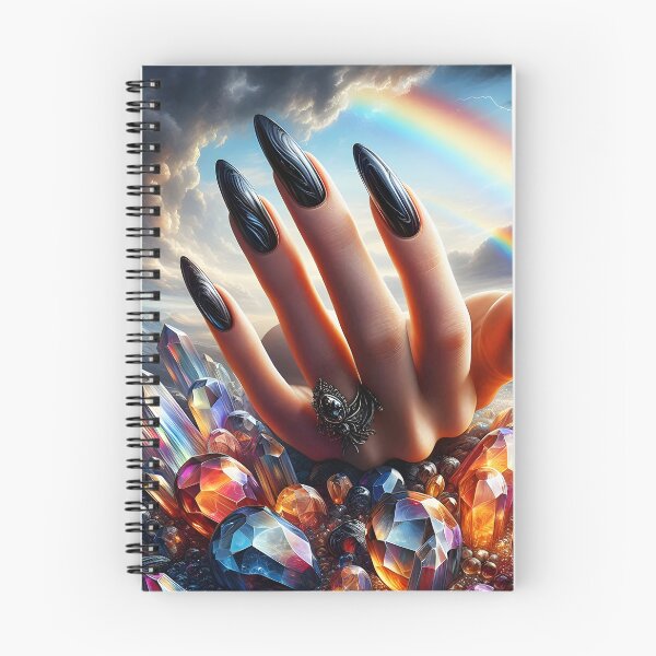 Item preview, Long Black Nails and a she hand placed on onyx and obsidian crystals under a cloudy sky with a rainbow designed and sold by EmeraldeaArt.