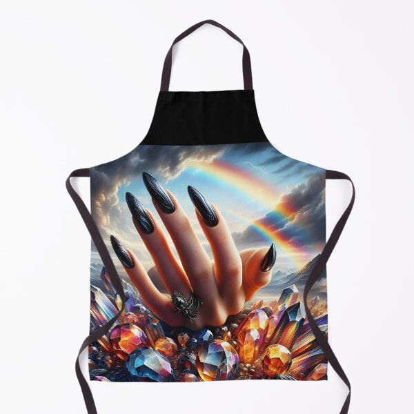 Item preview, Long Black Nails and a she hand placed on onyx and obsidian crystals under a cloudy sky with a rainbow designed and sold by EmeraldeaArt.