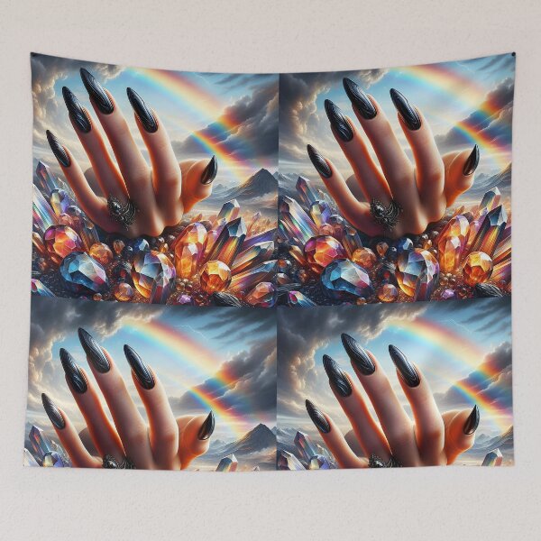 Item preview, Long Black Nails and a she hand placed on onyx and obsidian crystals under a cloudy sky with a rainbow designed and sold by EmeraldeaArt.