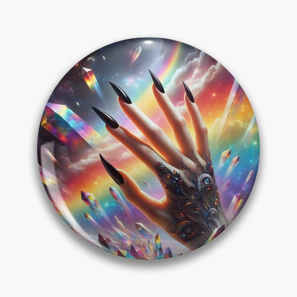 Item preview, Hand of a witch: Long Black Nails placed on crystals under a rainbow cloudy sky designed and sold by EmeraldeaArt.