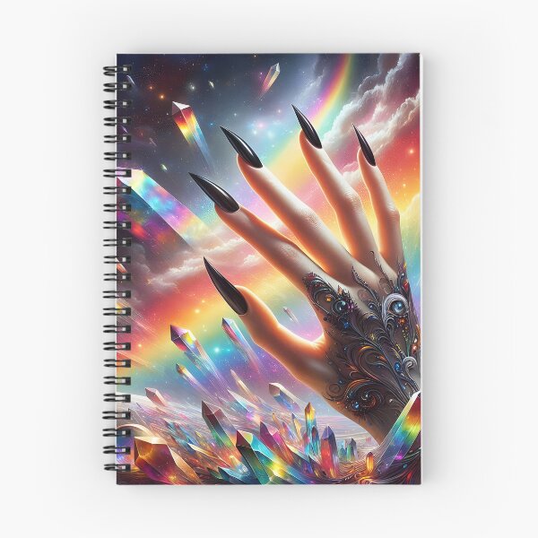 Item preview, Hand of a witch: Long Black Nails placed on crystals under a rainbow cloudy sky designed and sold by EmeraldeaArt.