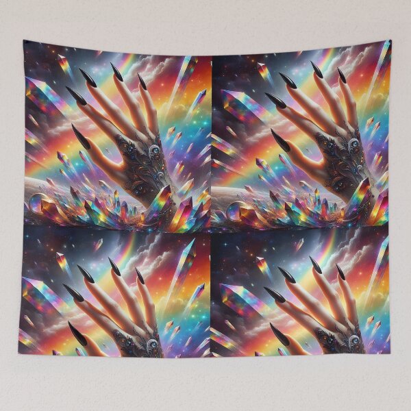 Item preview, Hand of a witch: Long Black Nails placed on crystals under a rainbow cloudy sky designed and sold by EmeraldeaArt.