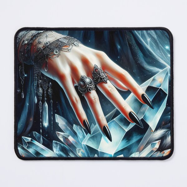 Item preview, gothic witch hand with black jewels and sharp nails over black and bluish crystals designed and sold by EmeraldeaArt.