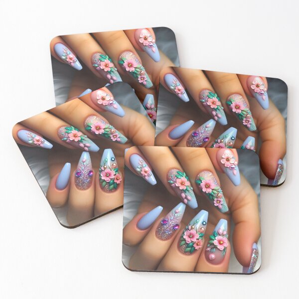 Item preview, Long floral 3D nail art blue purple nail polish and pink flowers designed and sold by EmeraldeaArt.