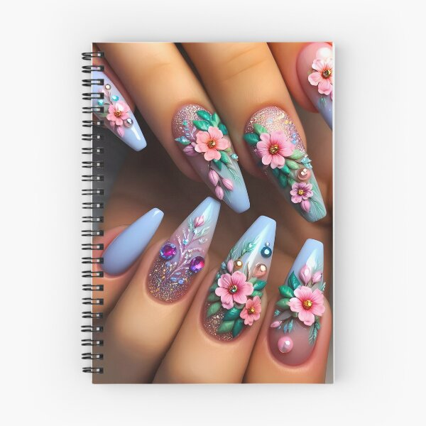 Item preview, Long floral 3D nail art blue purple nail polish and pink flowers designed and sold by EmeraldeaArt.