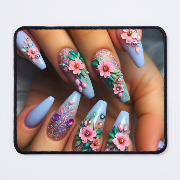 Item preview, Long floral 3D nail art blue purple nail polish and pink flowers designed and sold by EmeraldeaArt.