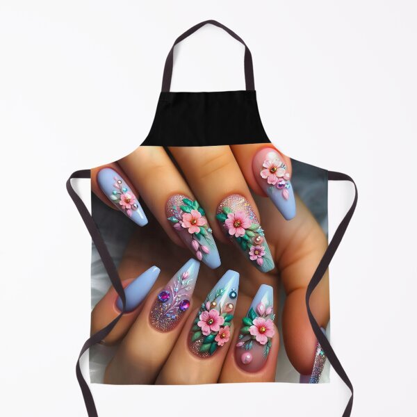 Item preview, Long floral 3D nail art blue purple nail polish and pink flowers designed and sold by EmeraldeaArt.