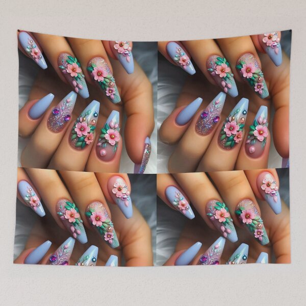 Item preview, Long floral 3D nail art blue purple nail polish and pink flowers designed and sold by EmeraldeaArt.