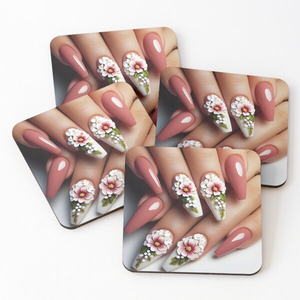 Item preview, Floral beautiful manicure with two white 3D flower decorated nails and nude peach pink rest nails on female hands designed and sold by EmeraldeaArt.