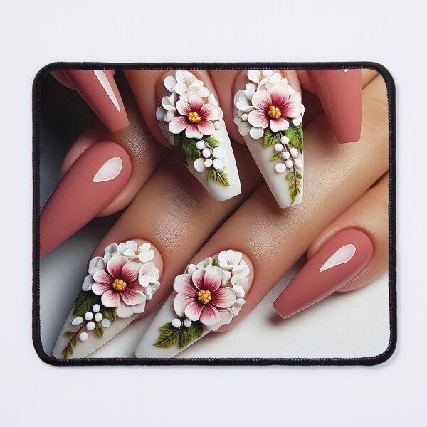 Item preview, Floral beautiful manicure with two white 3D flower decorated nails and nude peach pink rest nails on female hands designed and sold by EmeraldeaArt.