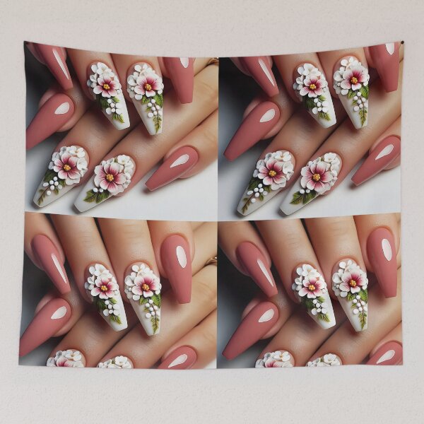 Item preview, Floral beautiful manicure with two white 3D flower decorated nails and nude peach pink rest nails on female hands designed and sold by EmeraldeaArt.