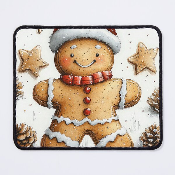 Item preview, Smiling gingerbread man wearing Santa hat and red bowtie surrounded by festive decorations, including pine branches, pinecones, and golden Christmas ornaments, perfect for holiday celebrations. designed and sold by MystiS.