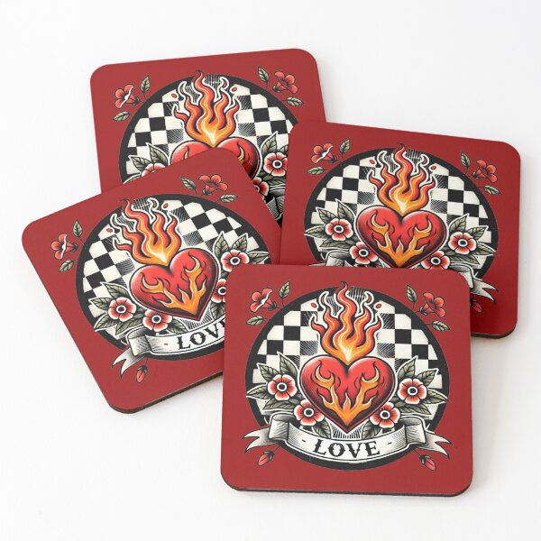 Item preview, Tattoo Style Red Flaming Heart with Chessboard Background Design – Bold and Iconic Artwork with ‘Love’ Slogan designed and sold by Negative Vibes Only.