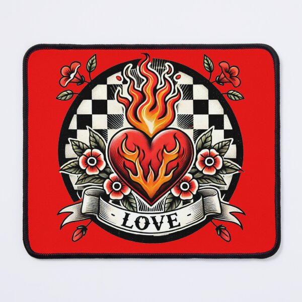 Item preview, Tattoo Style Red Flaming Heart with Chessboard Background Design – Bold and Iconic Artwork with ‘Love’ Slogan designed and sold by Negative Vibes Only.