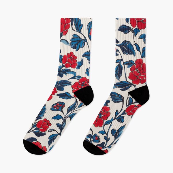 Item preview, Repeated red floral pattern with bright blue leaves on white. designed and sold by HEMRO.
