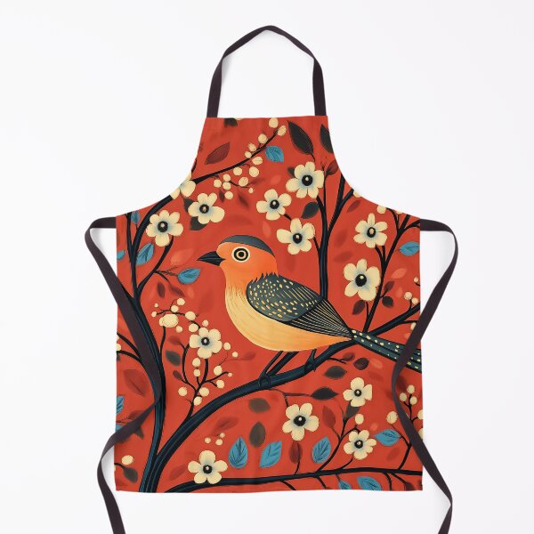 Item preview, Colorful floral design with an orange Common Nightingale and branching flowers. designed and sold by HEMRO.