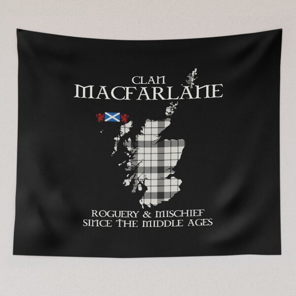 Item preview, Clan MacFarlane Black and White tartan Scotland map Saltire flag and lion rampant scottish designed and sold by Clan1093.