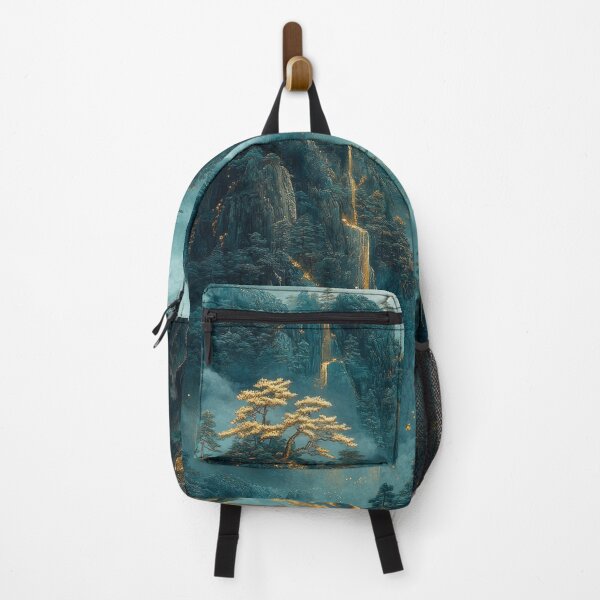 Item preview, Lush mountain landscape with golden waterfalls and mist at dawn in an enchanting natural setting. designed and sold by Jerhus.