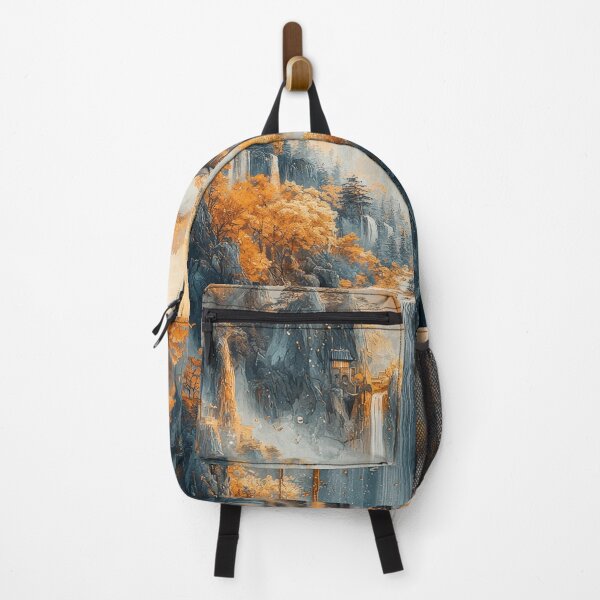 Item preview, Mountainous landscape with a serene waterfall and ancient architecture surrounded by fall foliage. designed and sold by Jerhus.