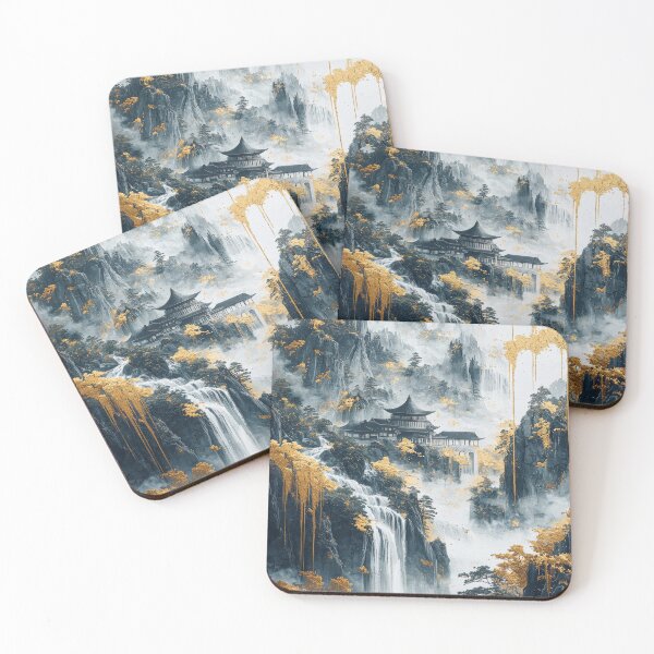 Item preview, Majestic mountain landscape with traditional building surrounded by waterfalls and golden foliage. designed and sold by Jerhus.